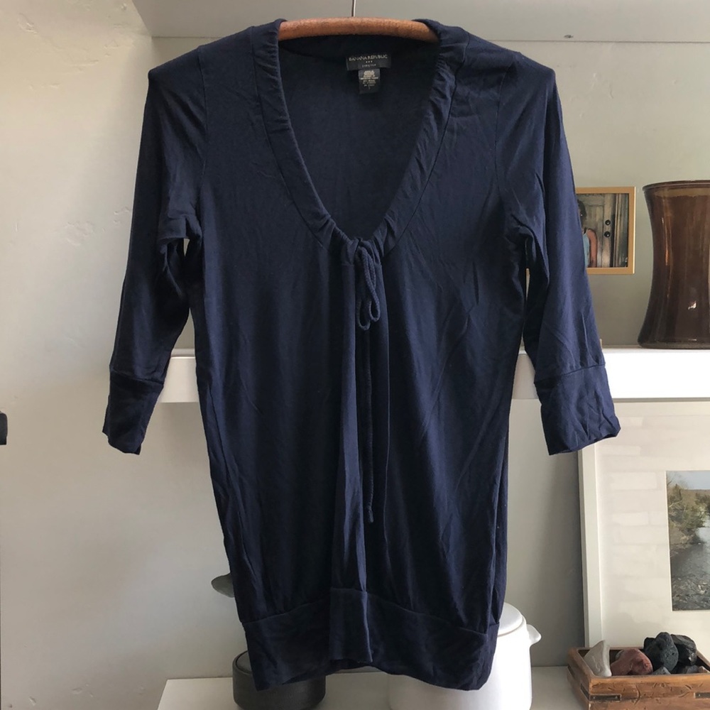 Banana Republic Navy Blue Scoop Neck 3/4 Sleeve Drawstring Top Size Small